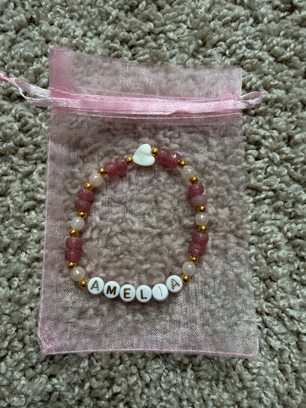 Personalized Pink Beaded Name Bracelet with Heart Charm